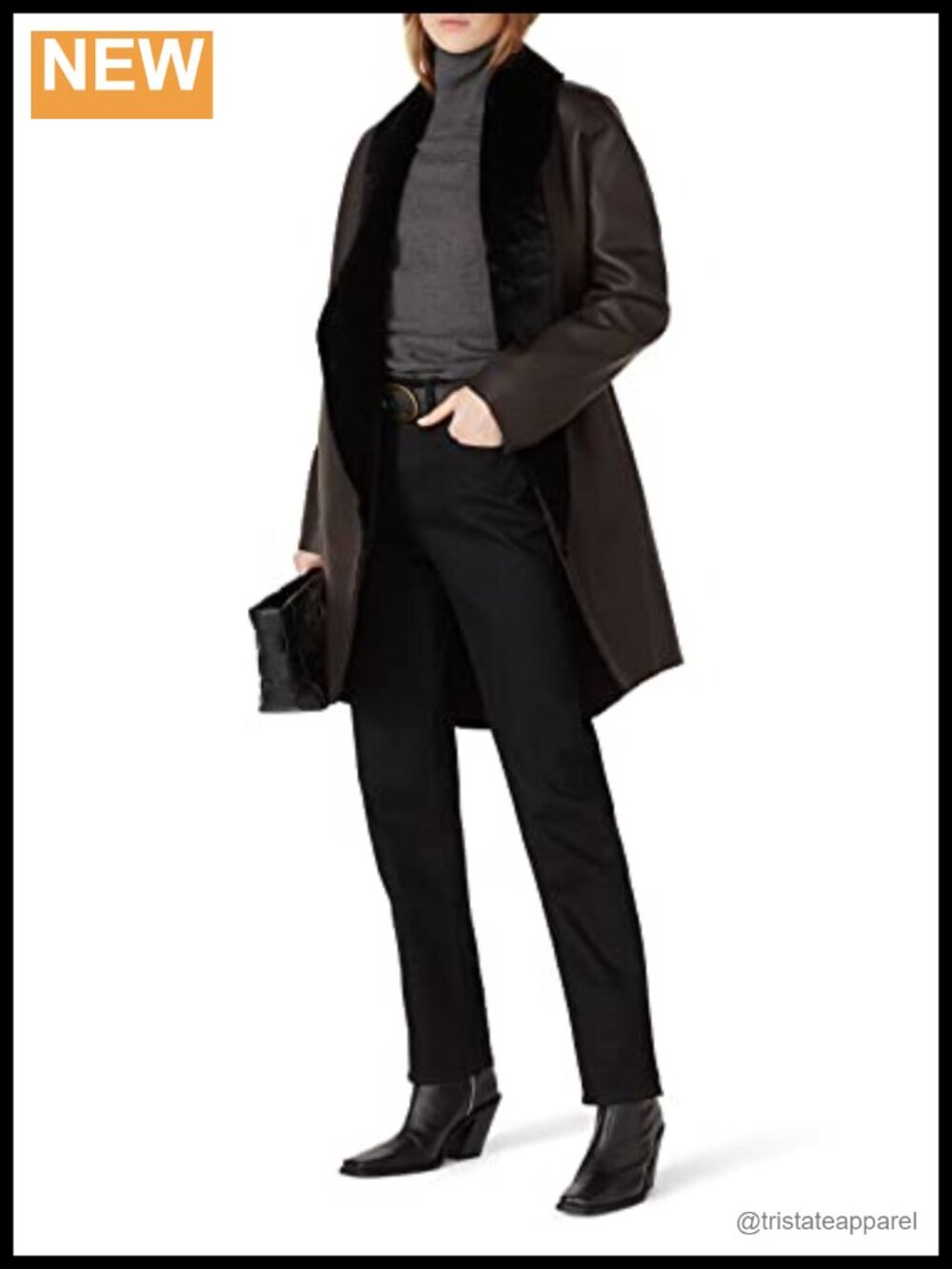 Faux Fur Collar Faux Leather Trench Coat with Shawl Collar